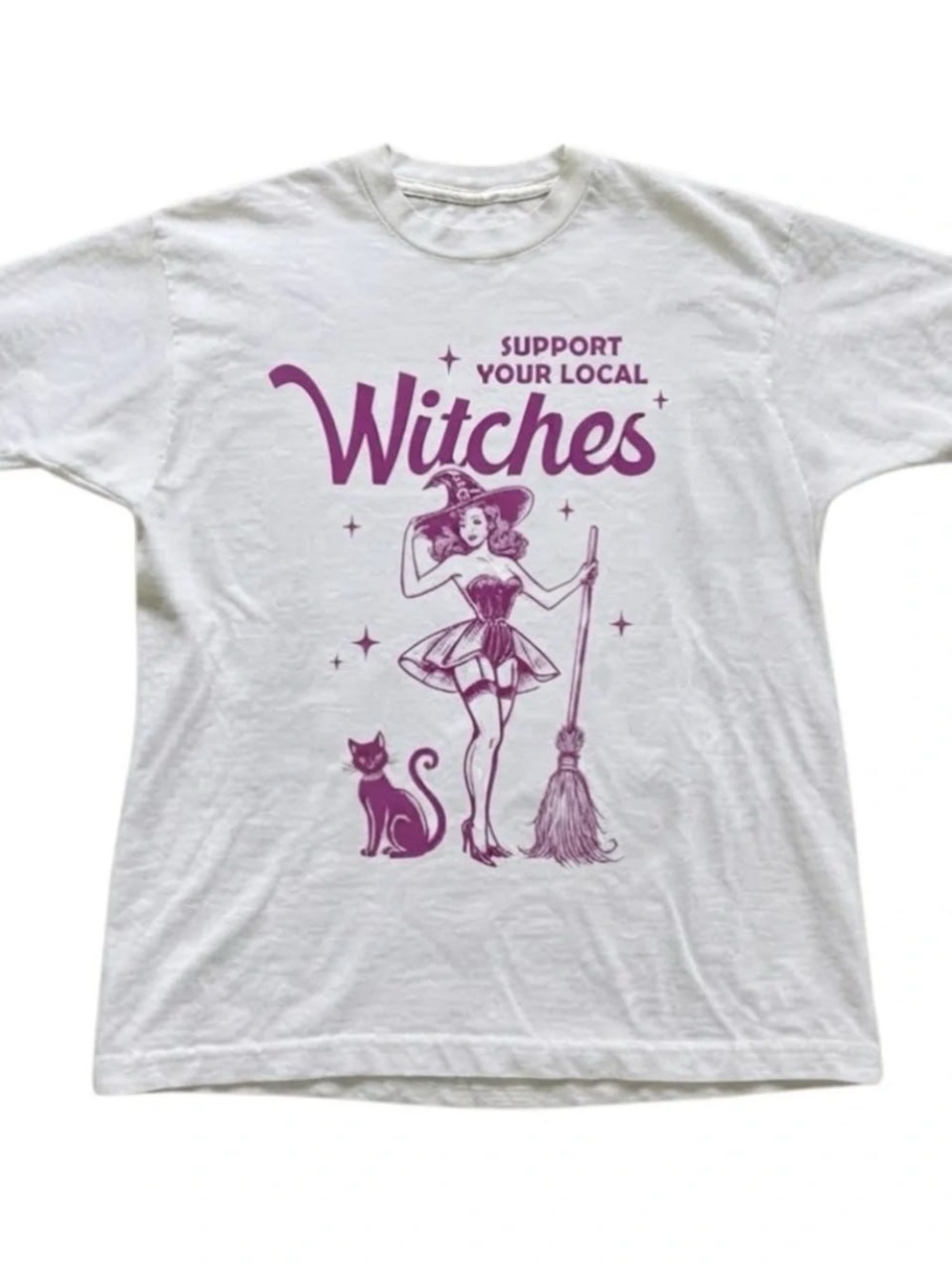 White Tee with Purple Support Your Local Witches Graphic
